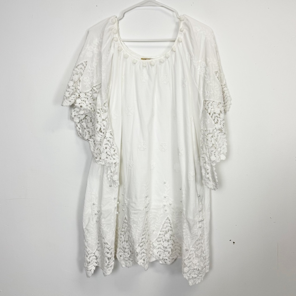 Karakorum Dress Womens Size M/L White Stripe Faux Pearl Lace Cotton